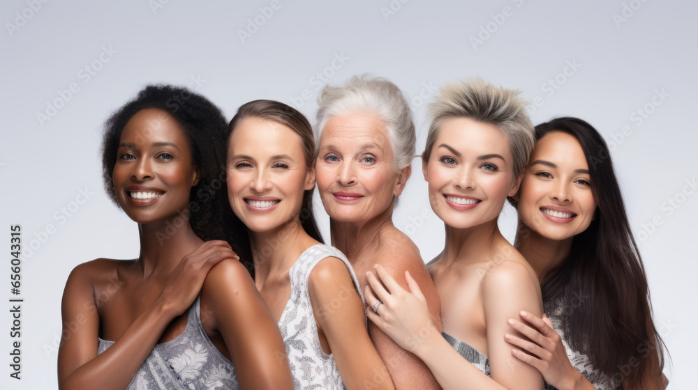 Group of diverse women in different ages posing in studio, multigenerational, multiculturalism, inclusivity, Multiethnic, smile, happy. Beautiful natural diversity people Group of diverse women in different ages posing in studio, multigenerational, multiculturalism, inclusivity, Multiethnic, smile, happy. Beautiful natural diversity people