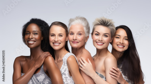 Group of diverse women in different ages posing in studio, multigenerational, multiculturalism, inclusivity, Multiethnic, smile, happy. Beautiful natural diversity people