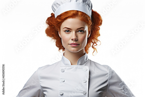 A woman dressed in a chef's uniform posing for a picture. This image can be used for culinary blogs, cooking magazines, or restaurant websites.