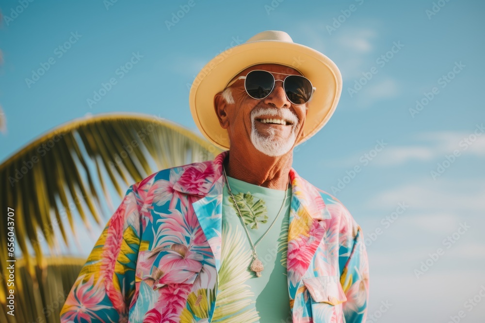 Portrait of senior man wearing sunglasses and hat at tropical beach.