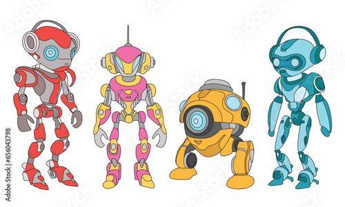 Set of robots colored outline. Collection of robots. Hand drawn doodle robot. Outline robots. Vector illustration.