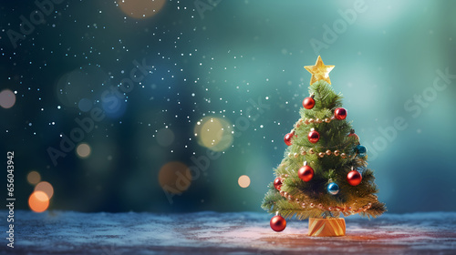 Cute little christmas tree with shiny red ornaments photo
