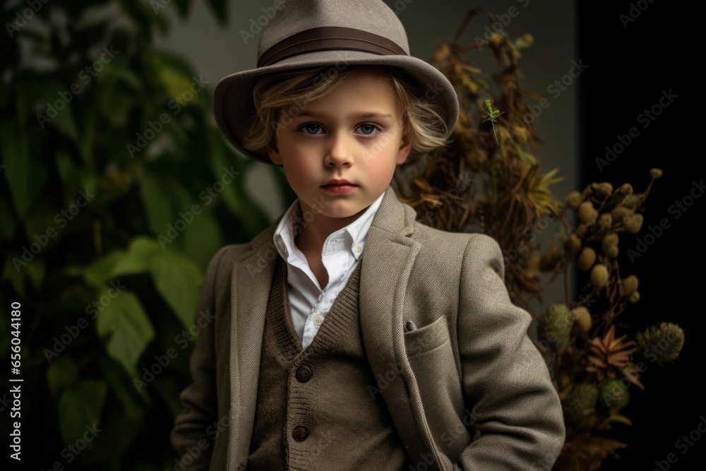 Portrait of a little boy in a hat and coat. Studio shot. Portrait of a little boy in a hat and coat. Studio shot.