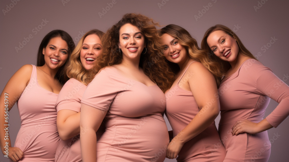 Group of beautiful plus size women posing in studio, body positivity, multiculturalism, inclusivity, Multiethnic, smile, happy, neutral pastel tones Group of beautiful plus size women posing in studio, body positivity, multiculturalism, inclusivity, Multiethnic, smile, happy, neutral pastel tones