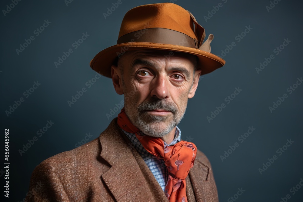 Portrait of an old man wearing a hat and bow tie. Portrait of an old man wearing a hat and bow tie.