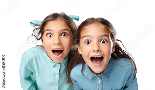 two amazed kids girls friends, png file of isolated cutout object on transparent background.