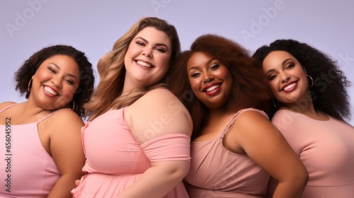 Group of beautiful plus size women posing in studio, body positivity, multiculturalism, inclusivity, Multiethnic, smile, happy, neutral pastel tones
