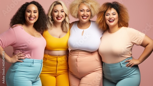 Group of beautiful plus size women posing in studio, body positivity, multiculturalism, inclusivity, Multiethnic, smile, happy, colorful tones