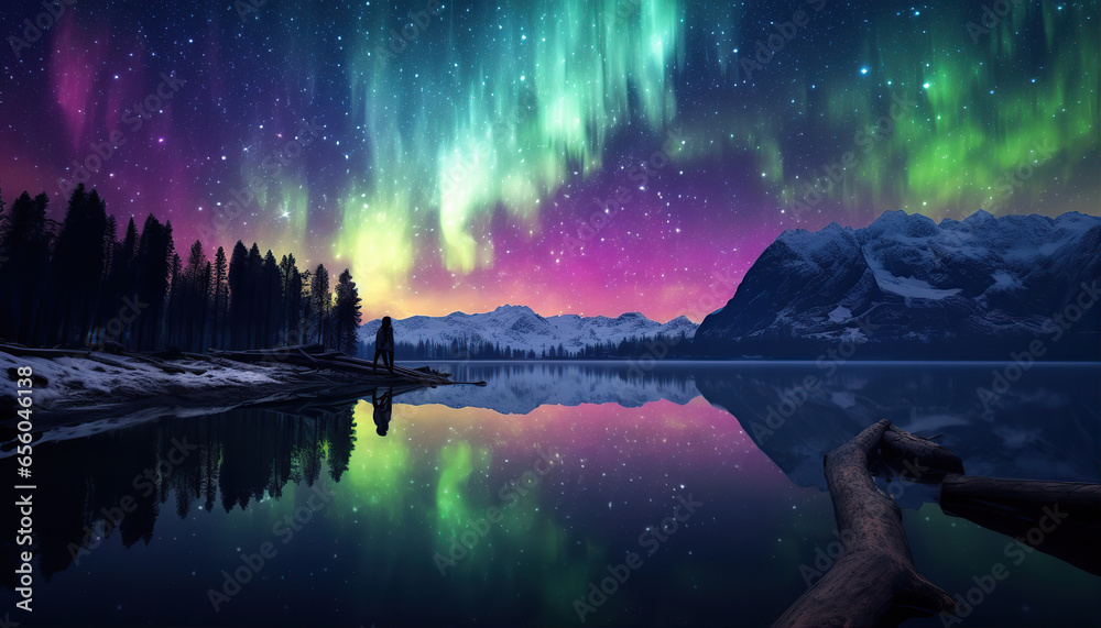 Aurora borealis lake snowy trees mountains. Created with Generative AI