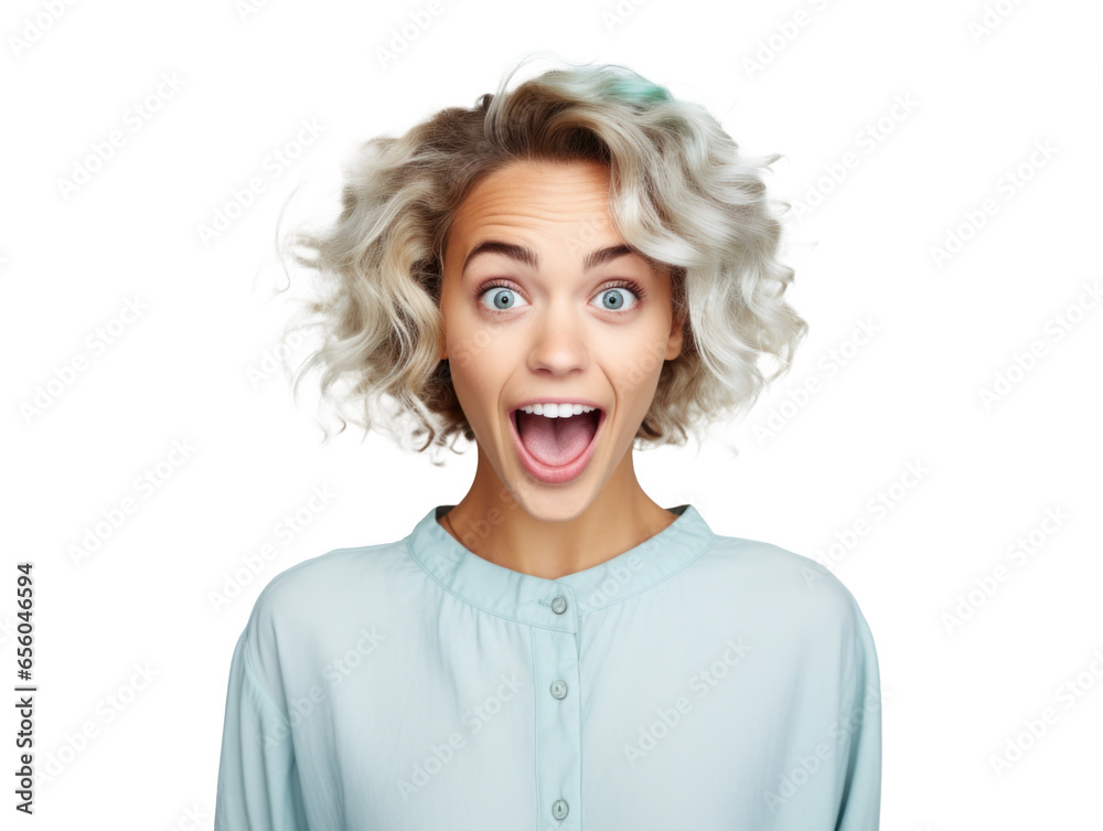 surprised joyful young woman, png file of isolated cutout object on transparent background. surprised joyful young woman, png file of isolated cutout object on transparent background.