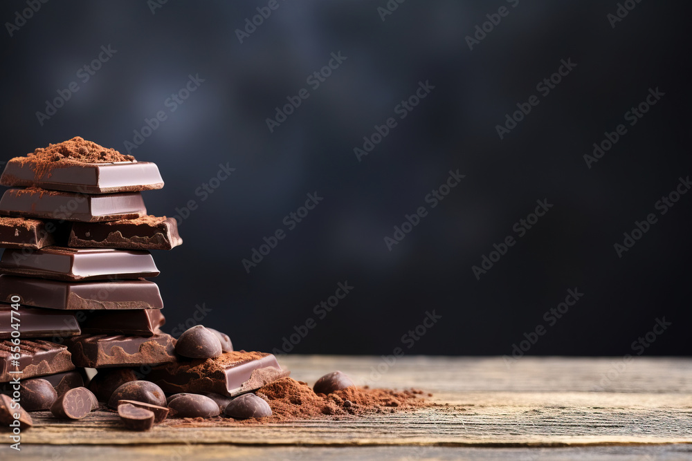 chocolate imagery in a minimalistic photographic approach, artistic arrangement and ambiance, wiTh empty copy space - obrazy, fototapety, plakaty 