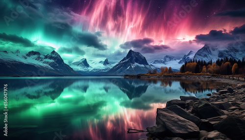 Aurora borealis lake snowy trees mountains. Created with Generative AI © Yevhen