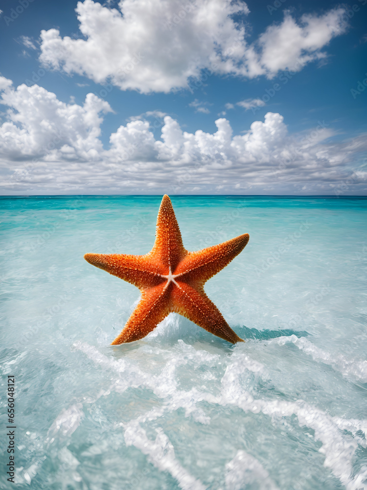 starfish on a white beach, crystal clear ocean water and blue sky with white clouds starfish on a white beach, crystal clear ocean water and blue sky with white clouds