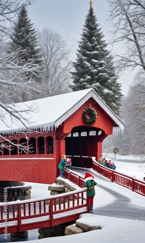 Photo Of Christmas Snow-Covered Bridge With Hanging Stockings And Icicles, With Children Ice-Skating Below © Pixel Matrix
