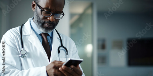 Elderly African American doctor in glasses and white lab coat looking at screen of phone holding in his hands. Healthcare Communication. Medical services in clinic, insurance companies, medical apps