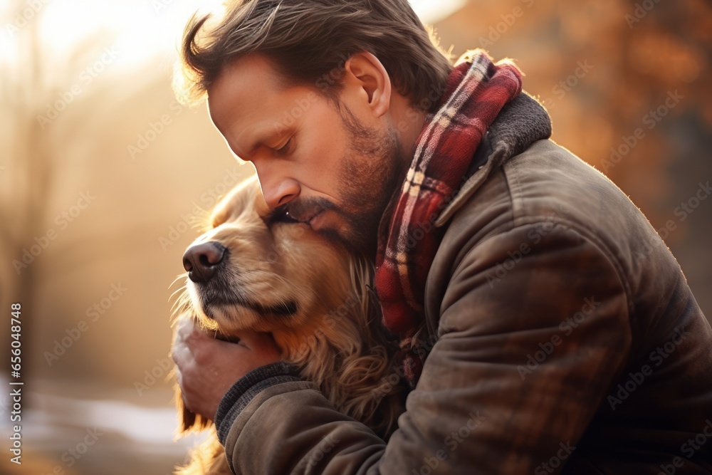 Dog owner cuddles his dog closely during a walk in the forest in autumn Gnerative Ai