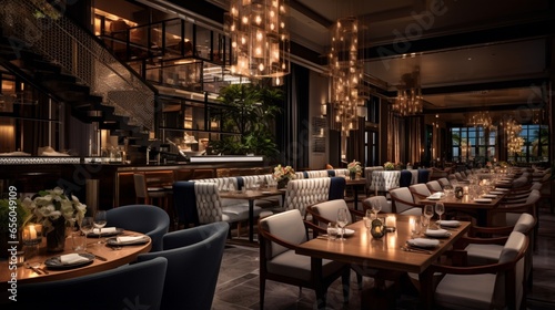 a high-end restaurant interior, highlighting the interplay of warm lighting and plush upholstery for a memorable dining experience