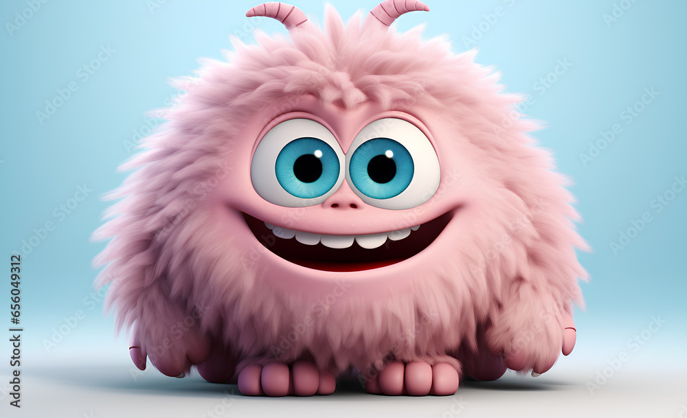 Cute pink furry monster 3D cartoon character