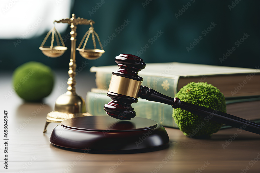 International Law and Environment Law.Green World and gavel on a book with scales of justice. law for global economic regulation aligned with the principles of sustainable environmental conservation. - obrazy, fototapety, plakaty 