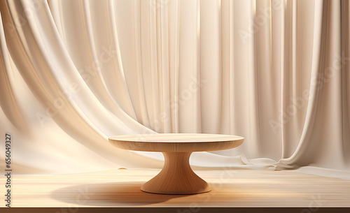 Empty modern round wooden podium side table in soft white blowing drapery curtain drapes in sunlight for luxury cosmetic, skincare, beauty treatment, fashion product display background 3D