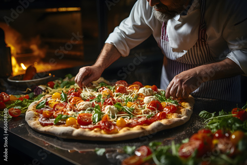  Delicious pizza being prepared by skilled chef at cozy restaurant.