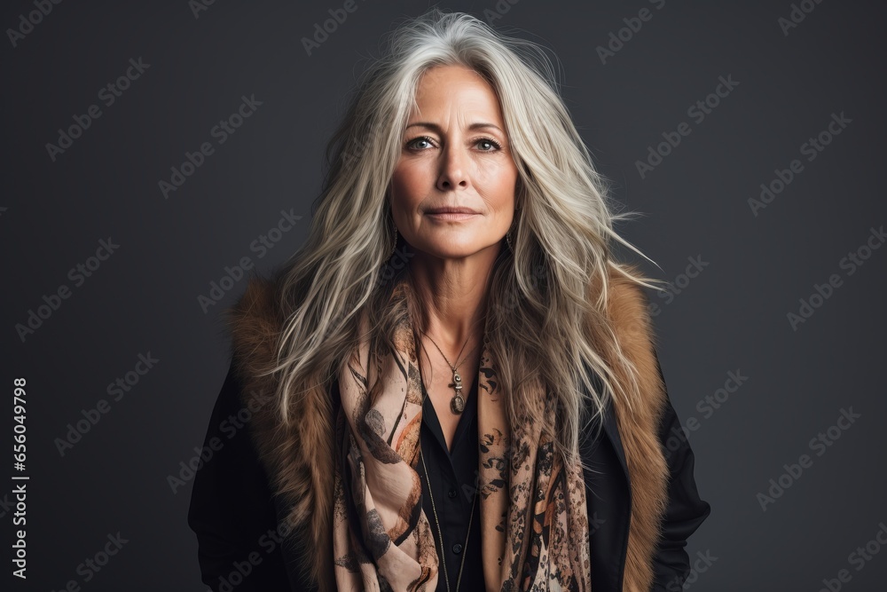 Portrait of a beautiful mature woman with long blond hair in a brown fur coat. Portrait of a beautiful mature woman with long blond hair in a brown fur coat.