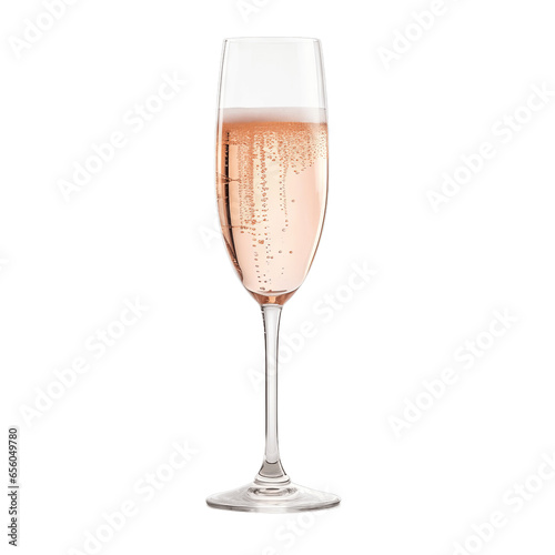 Bubbling Rose Champagne in a Flute Glass, White Background
