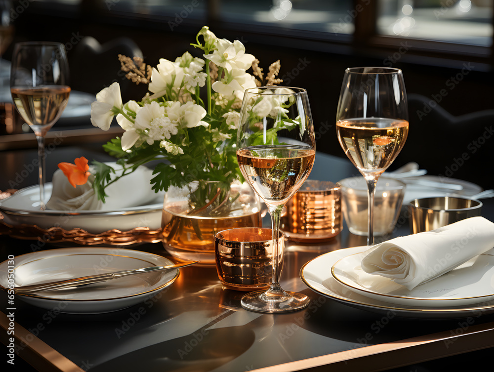  Luxurious dining with elegant tableware and beverages.