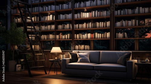 a library reading area with soft ambient lighting, creating a serene environment for focused reading
