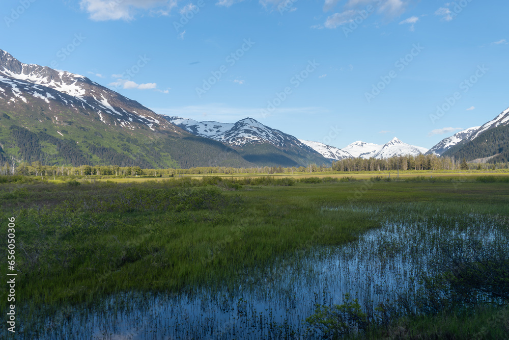 Mount Alyeska in Chugach mountain range, Alaska. Viewed from the Girdwood Valley. Home of the Alyeska Resort, largest ski area in Alaska. 