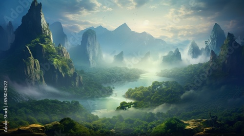 a lush valley surrounded by towering fold mountains, with a gentle mist rising from the forested slopes, creating an ethereal and serene scene