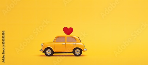Photo Valentines Day themed toy taxi car with heart design on yellow backdrop symboliz