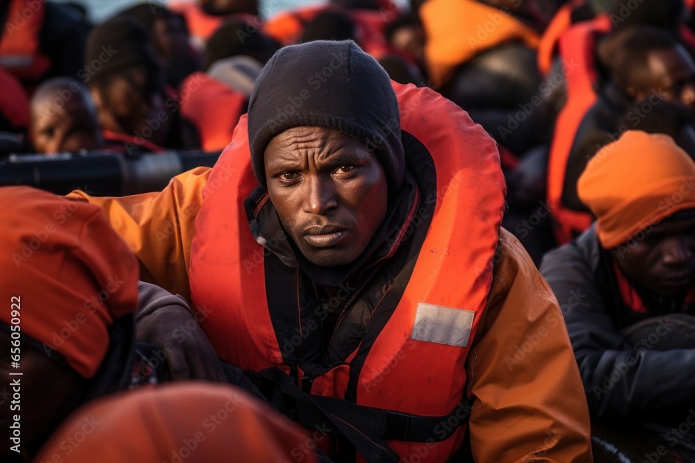 Portrait of a dark-skinned man in a boat full of African immigrants in the Mediterranean. Portrait of a dark-skinned man in a boat full of African immigrants in the Mediterranean.
