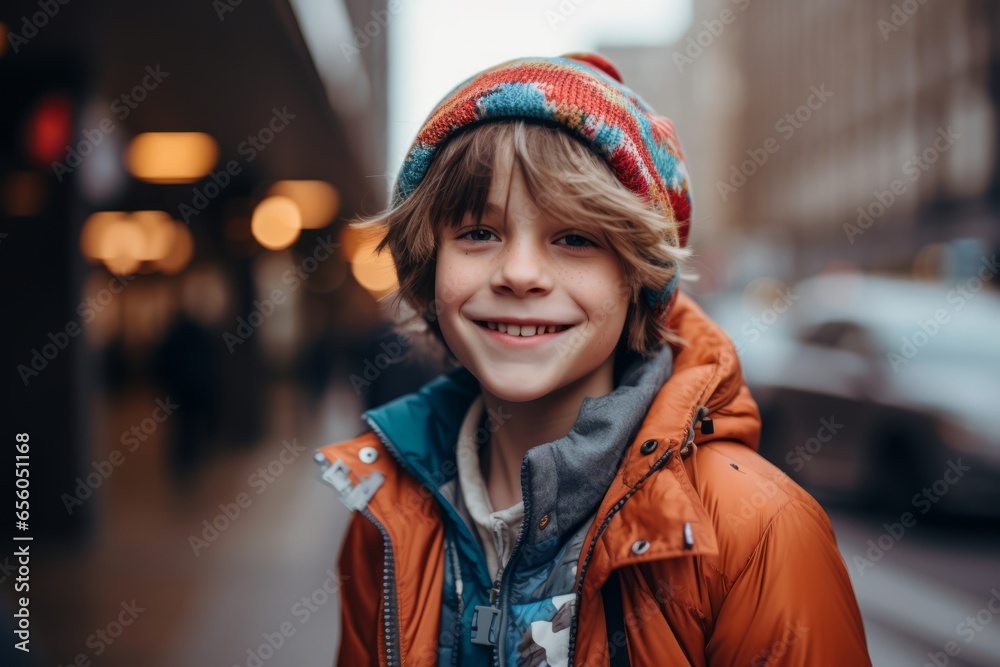 Portrait of a smiling boy in a warm hat and jacket on the street. Portrait of a smiling boy in a warm hat and jacket on the street.