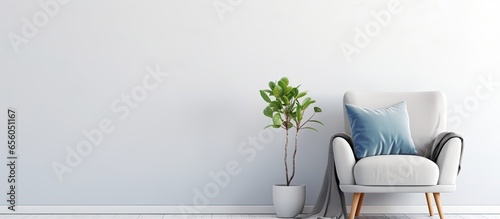 Scandinavian style home design featuring a minimalist interior with a gray modern armchair blue pillow soft blanket table pot with plant and light colored walls Panoramic view