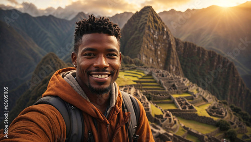 African man smiling and enjoying an incredible trip through Peru, visiting the ruins of Machu Picchu, backpacking around the world, nomadic lifestyle, Latin America summer sunset, wonder of the world