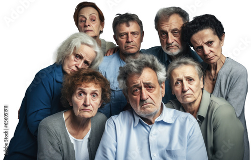 group of sad upset strict disappointed old people pensioners, png file of isolated cutout object on transparent background.