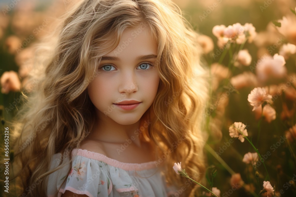Close-up of a young girl in a pink princess dress on a flower meadow Generative Ai Close-up of a young girl in a pink princess dress on a flower meadow Generative Ai