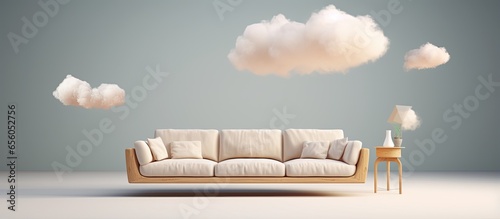 Weightless living room with flying sofa and furniture