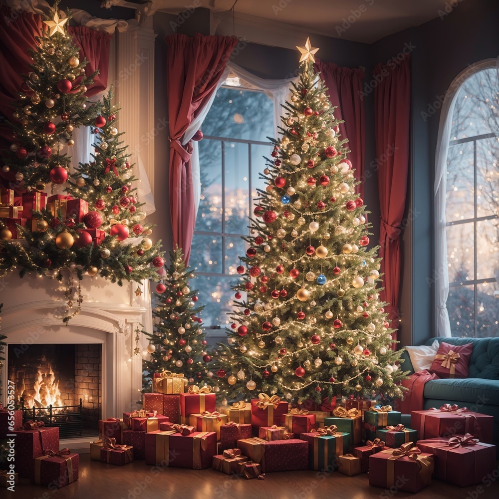 A beautiful Christmas tree with shiny lights and gifts, Christmas background, Generative AI