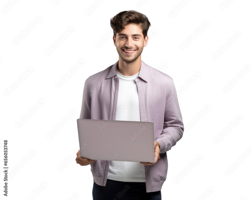 a man student standing up while holding up a laptop, png file of isolated cutout object on transparent background. a man student standing up while holding up a laptop, png file of isolated cutout object on transparent background.