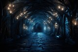 Creepy tunnel in a brick vault with sparse lighting Generative Ai