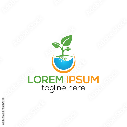 Hydroponic natural leaf roots logo design vector template
