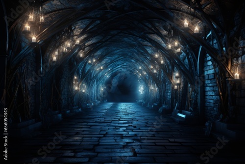 Creepy tunnel in a brick vault with sparse lighting Generative Ai