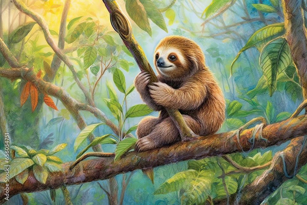 Obraz premium Relaxing Nature: A Calm and Soothing Sloth Drawing in a Lush Rainforest Setting, generative AI
