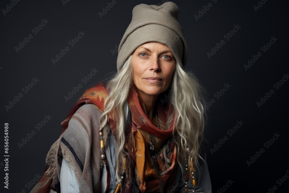 Portrait of a beautiful middle aged woman in a hat and scarf.