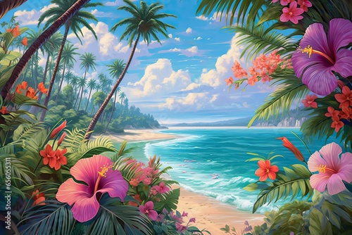 Turquoise Waters and Palm Trees: A Tropical Paradise Painting with Vibrant Blooms, generative AI
