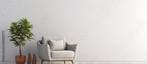 Modern interior design featuring a grey armchair against a white wall background