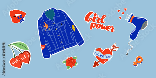 Collection of retro stickers. Jean jacket, cherry, rose, lips, heart, hair dryer. Girl power concept. Isolated vector illustration