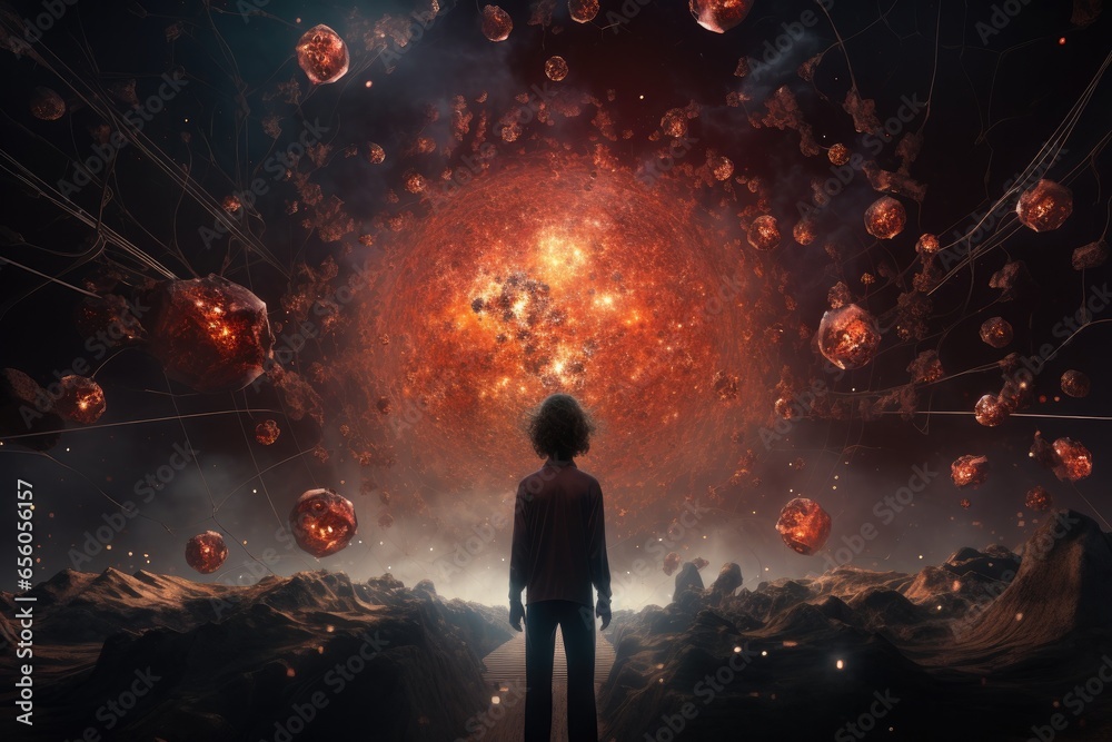 Science fiction concept of a boy looking up at the explosion of the sun - AI Generated